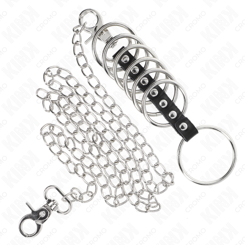 KINK - 7 ANÉIS PENIANOS DE METAL DE 3,8 CM A 5 CM CONECTADOS POR CORRENTE DE COURO E METAL DE 100 CM - Image 4