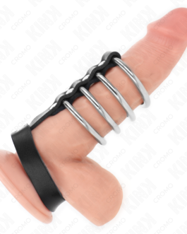 KINK – 4 ANÉIS PENIANOS DE METAL DE 3,8 CM CONECTADOS POR UMA TIRA DE COURO DE 22 X 1,5 CM E FECHO DE PRESSÃO