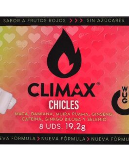 WUG Climax – Goma de mascar funcional com Maca, Damiana e Ginseng para aumentar o desejo e a vitalidade íntima. Cartela com 8 unidades.