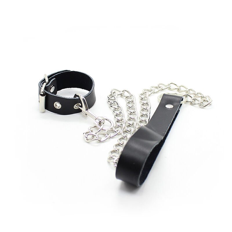 OHMAMA FETISH – COLAR DE PÊNIS E CORRENTE DE COURO COM CORRENTE DE METAL