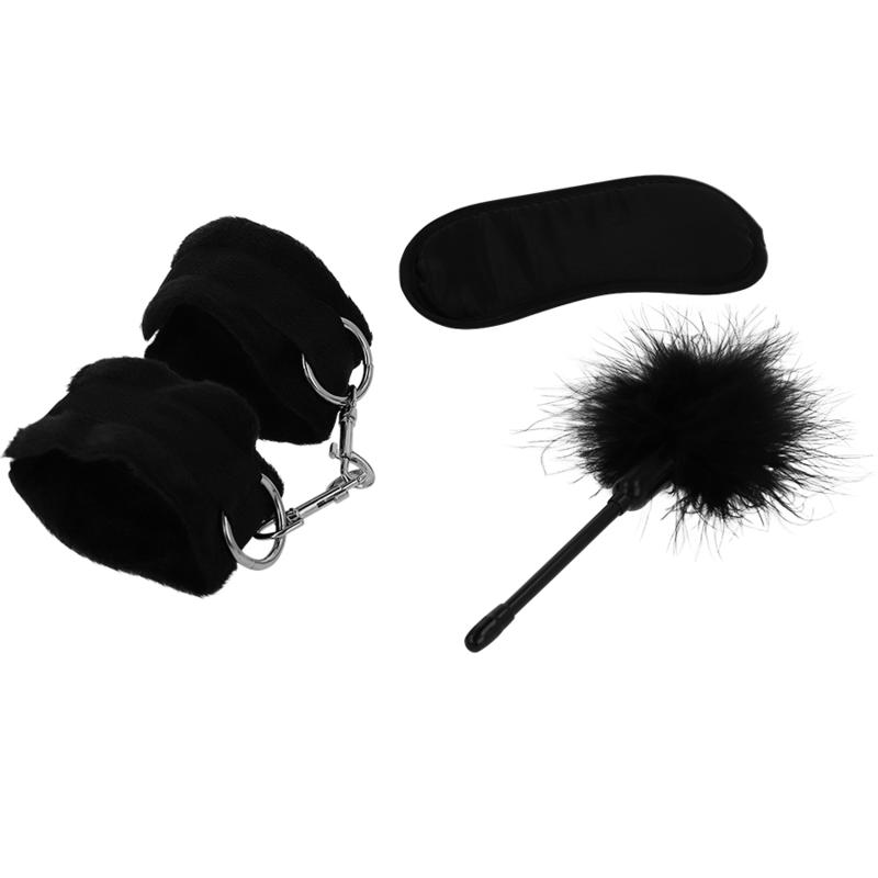 INTENSO – CONJUNTO DE BRINQUEDOS ERÓTICOS FETICHISTAS 2 COM ALGEMAS, MÁSCARA PARA OS OLHOS E APARELHO DE CÓCEGAS