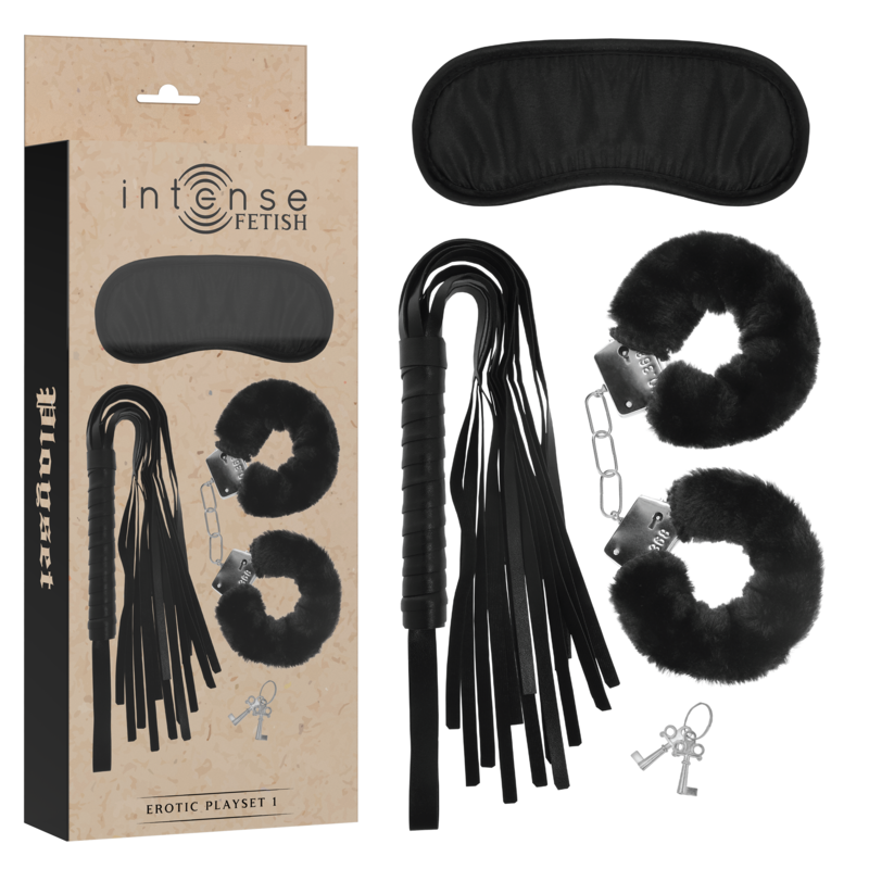 INTENSO – CONJUNTO ERÓTICO FETICHISTA 1 COM ALGEMAS, MÁSCARA PARA OS OLHOS E CHICOTE