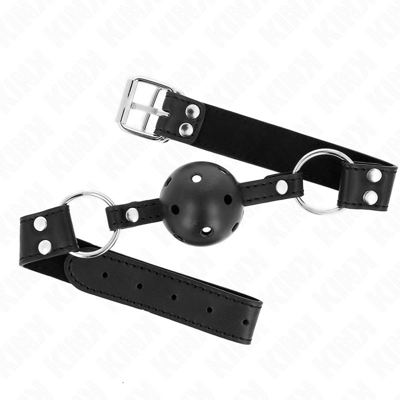 KINK – BOLA RESPIRÁVEL PARA MORDAÇA DE 4 CM COM REBITE DUPLO MODELO 1 PRETA 62,5 x 2,5 CM AJUSTÁVEL DE 42 A 58 CM