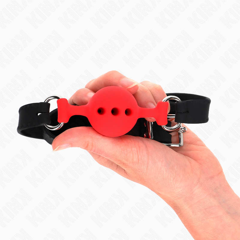 KINK – Mordaça de silicone completa, 55 x 2 cm, com bola de 4 cm, tamanho P, vermelha, ajustável de 35 a 51 cm