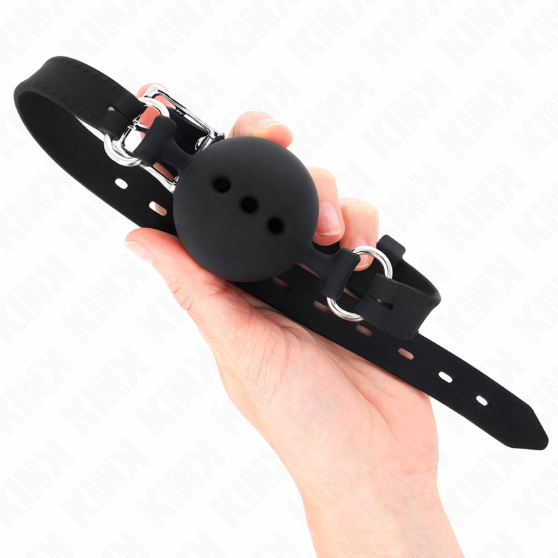 KINK – Mordaça de silicone completa, 55 x 2 cm, com bola de 4,5 cm, tamanho M, preta, ajustável de 35 a 51 cm.