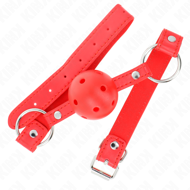 KINK – BOLA RESPIRÁVEL PARA MORDAÇA DE 4 CM COM REBITE DUPLO MODELO 1 VERMELHA 62,5 x 2,5 CM AJUSTÁVEL DE 42 A 58 CM