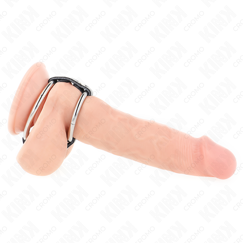 KINK – ANEL DUPLO DE METAL PARA PÊNIS DE 3,8 CM A 5 CM CONECTADO COM COURO