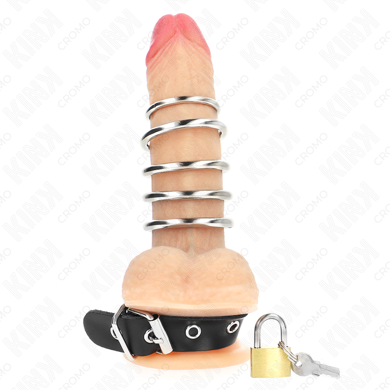 KINK – Anel peniano de couro com fecho de segurança, 21 x 2 cm, e 5 anéis de metal de 3 cm a 4 cm