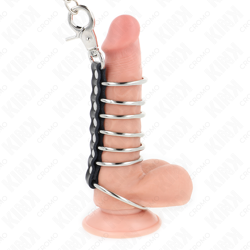 KINK – 7 ANÉIS PENIANOS DE METAL DE 3,8 CM A 5 CM CONECTADOS POR CORRENTE DE COURO E METAL DE 100 CM