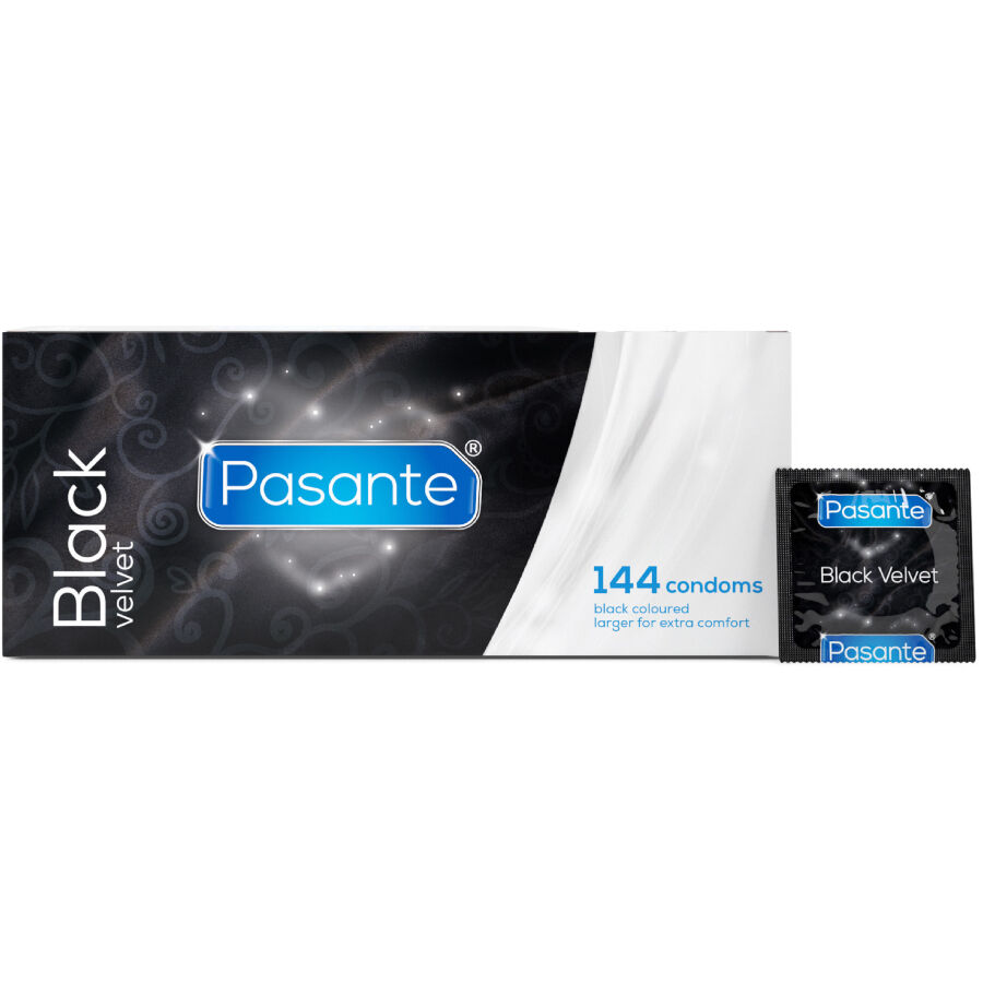 PASANTE – PRESERVATIVOS DE VELUDO PRETO – CAIXA COM 144 UNIDADES