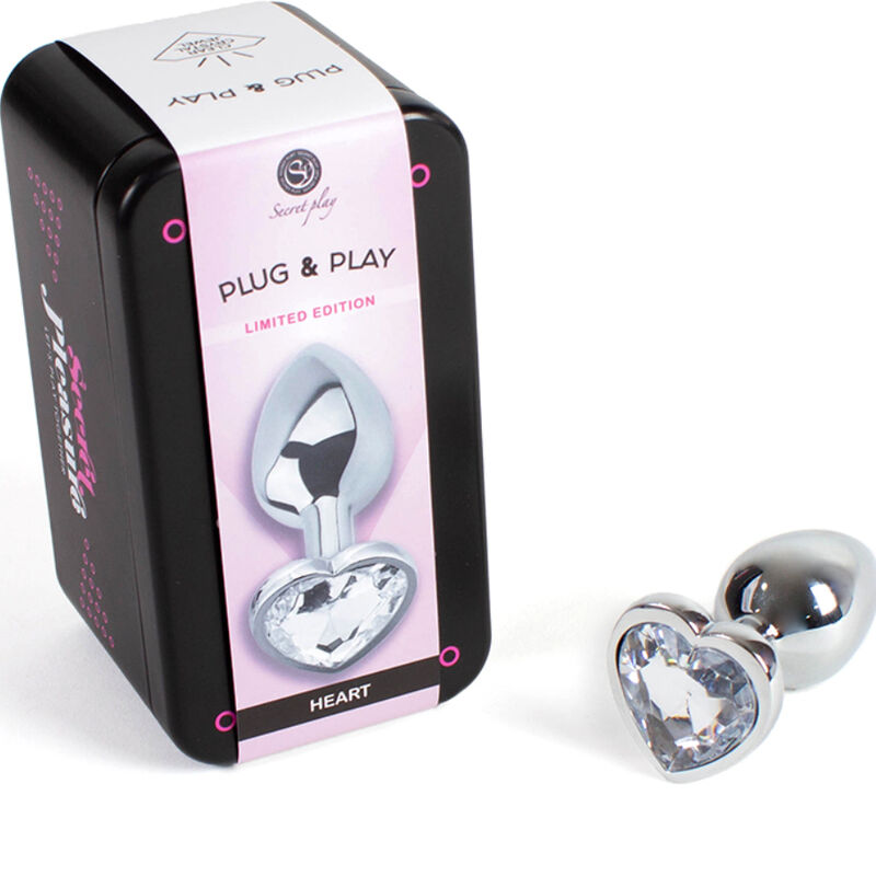 SECRETPLAY – PLUG ANAL DE METAL COM CORAÇÃO DE CRISTAL TRANSPARENTE, TAMANHO PEQUENO 7 CM