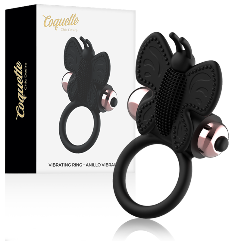 COQUETTE CHIC DESIRE – ANEL PENIANO BORBOLETA COM VIBRADOR PRETO/DOURADO