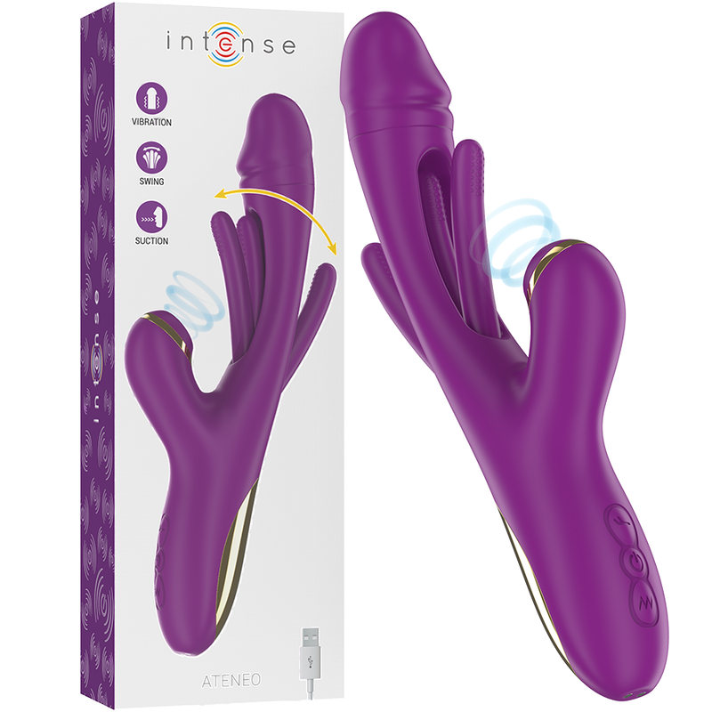 INTENSE – Vibrador multifuncional recarregável ATENEO com 7 vibrações, língua oscilante e sucção roxa.