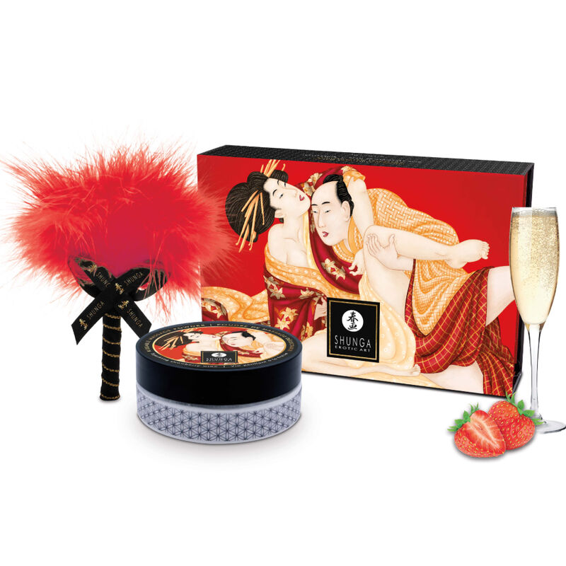 SHUNGA – KIT DE PÓ COMESTÍVEL PARA MASSAGEM COM SABOR MORANGO
