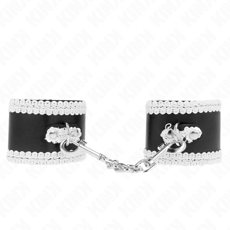 KINK – ALGEMAS DE PULSEIRA PRETAS COM RENDA DECORATIVA BRANCA AJUSTÁVEIS 20-23 CM X 5,5 CM