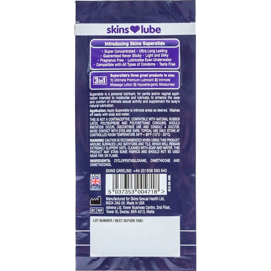 SKINS – SUPERSLIDE LUBRIFICANTE À BASE DE SILICONE, DOSE ÚNICA DE 5 ML