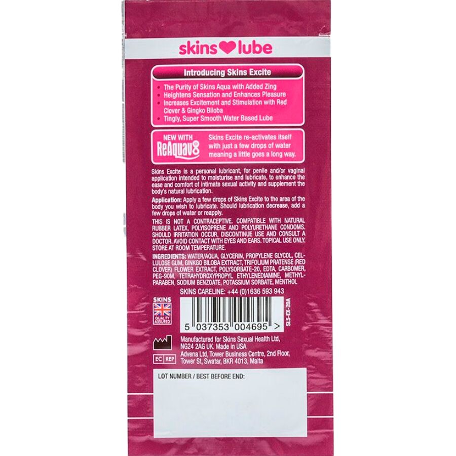 SKINS – EXCITE LUBRIFICANTE À BASE DE ÁGUA DOSE ÚNICA 5 ML