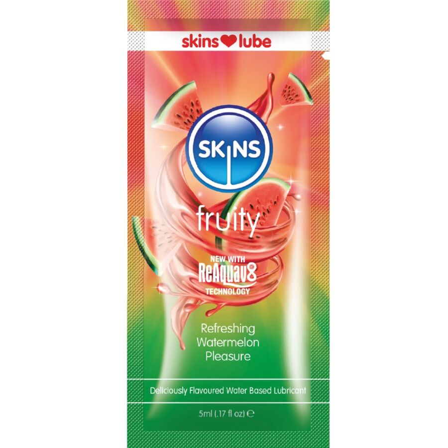 SKINS – LUBRIFICANTE À BASE DE ÁGUA COM SABOR DE MELANCIA – DOSE ÚNICA DE 5 ML