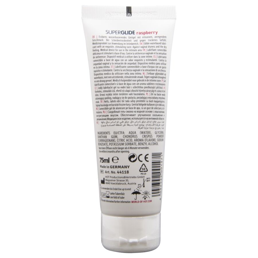HOT – SUPERGLIDE LUBRIFICANTE COMESTÍVEL À BASE DE ÁGUA COM SABOR FRAMBOESA 75 ML